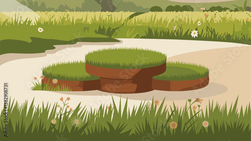 A tranquil illustration of a green meadow featuring grassy hills, surrounded by soft earth and wildflowers. Ideal for nature-themed projects.
