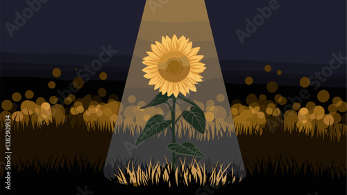 A vibrant sunflower stands tall under a warm spotlight, surrounded by a dark, mystical backdrop with glowing bokeh effects.