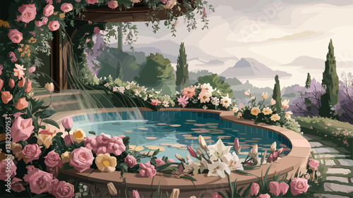A picturesque garden scene featuring a serene pool surrounded by vibrant roses and lush greenery, set against a misty landscape.