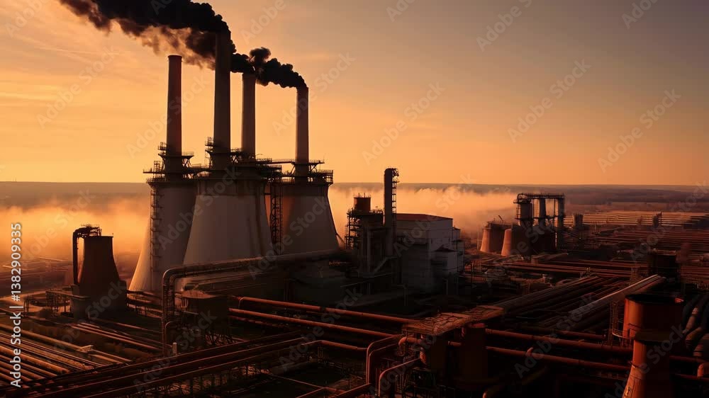 Industrial skyline at sunset showcases powerful smokestacks and sprawling facilities in a breathtaking tableau of urban progress