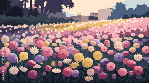 A stunning view of a vibrant flower field adorned with pink, yellow, and white blossoms. Perfect for nature-themed projects, evoking peace and beauty.