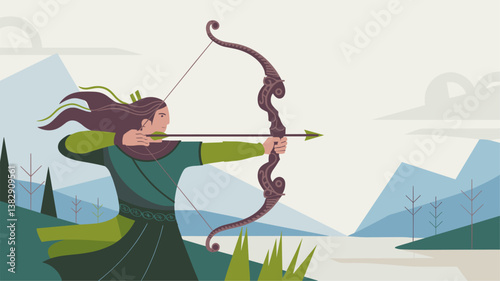 Explore the power of nature with this artistic depiction of a fierce archer poised to shoot. Ideal for fantasy and adventure themes.