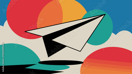 A stylish paper airplane soaring above vibrant, abstract circles in warm and cool colors, conveying creativity and innovation.