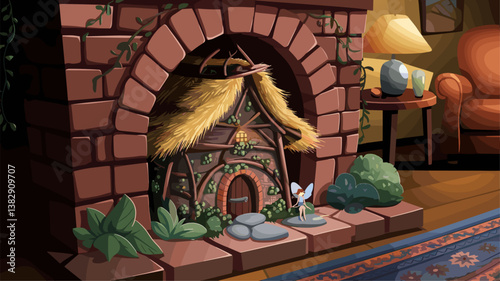 A charming animated fairy cottage nestled by a cozy fireplace. Lush greenery surrounds the quaint home, evoking a magical atmosphere.