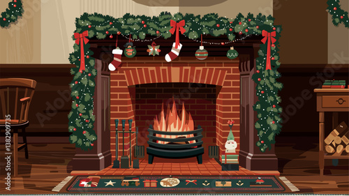 A warm and inviting Christmas fireplace adorned with festive garlands, stockings, and ornaments, perfect for holiday-themed designs.