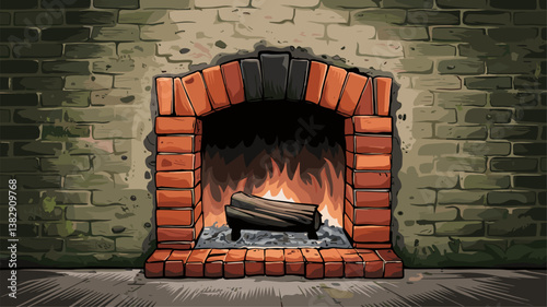 A charming illustration of a cozy fireplace featuring a crackling fire surrounded by rustic brick. Perfect for creating warmth and inviting atmosphere.
