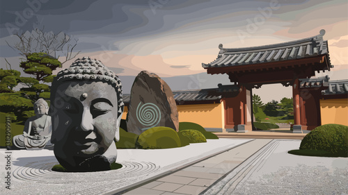Explore the calmness of a beautifully illustrated Zen garden featuring a prominent Buddha head, stone sculptures, and traditional architecture.