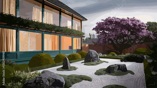 Serene view of a modern building overlooking a meticulously designed Zen garden, featuring natural stones and a vibrant pink tree.