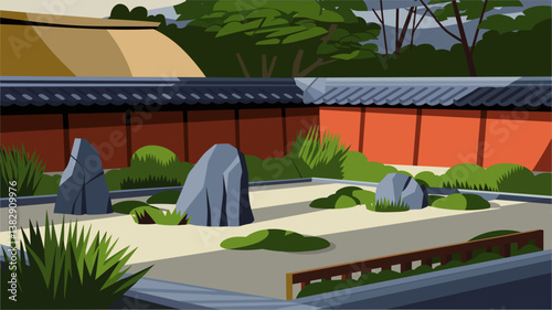A tranquil Japanese Zen garden scene featuring rocks, sand, and lush greenery, perfect for promoting relaxation and mindfulness.
