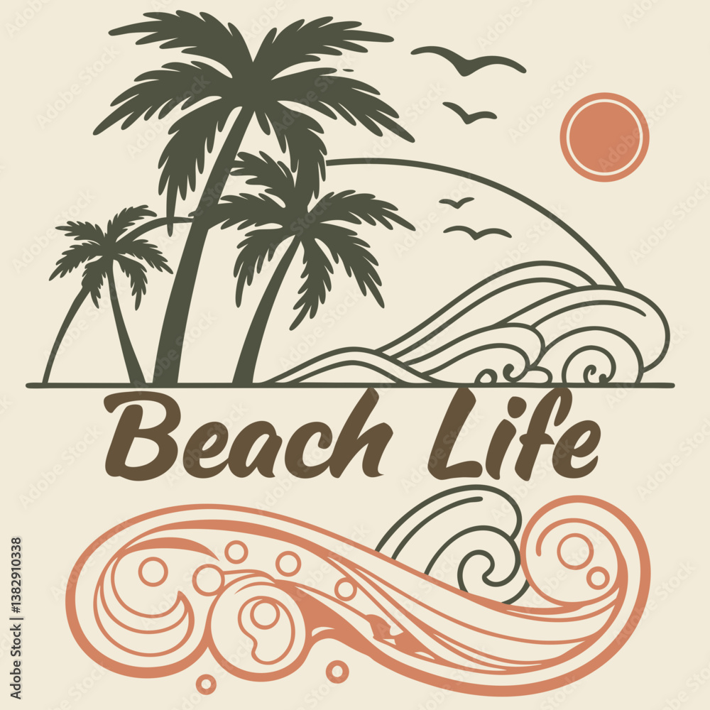 Naklejka premium Beach Life Graphic With Palm Trees Waves Sun And Birds Illustration