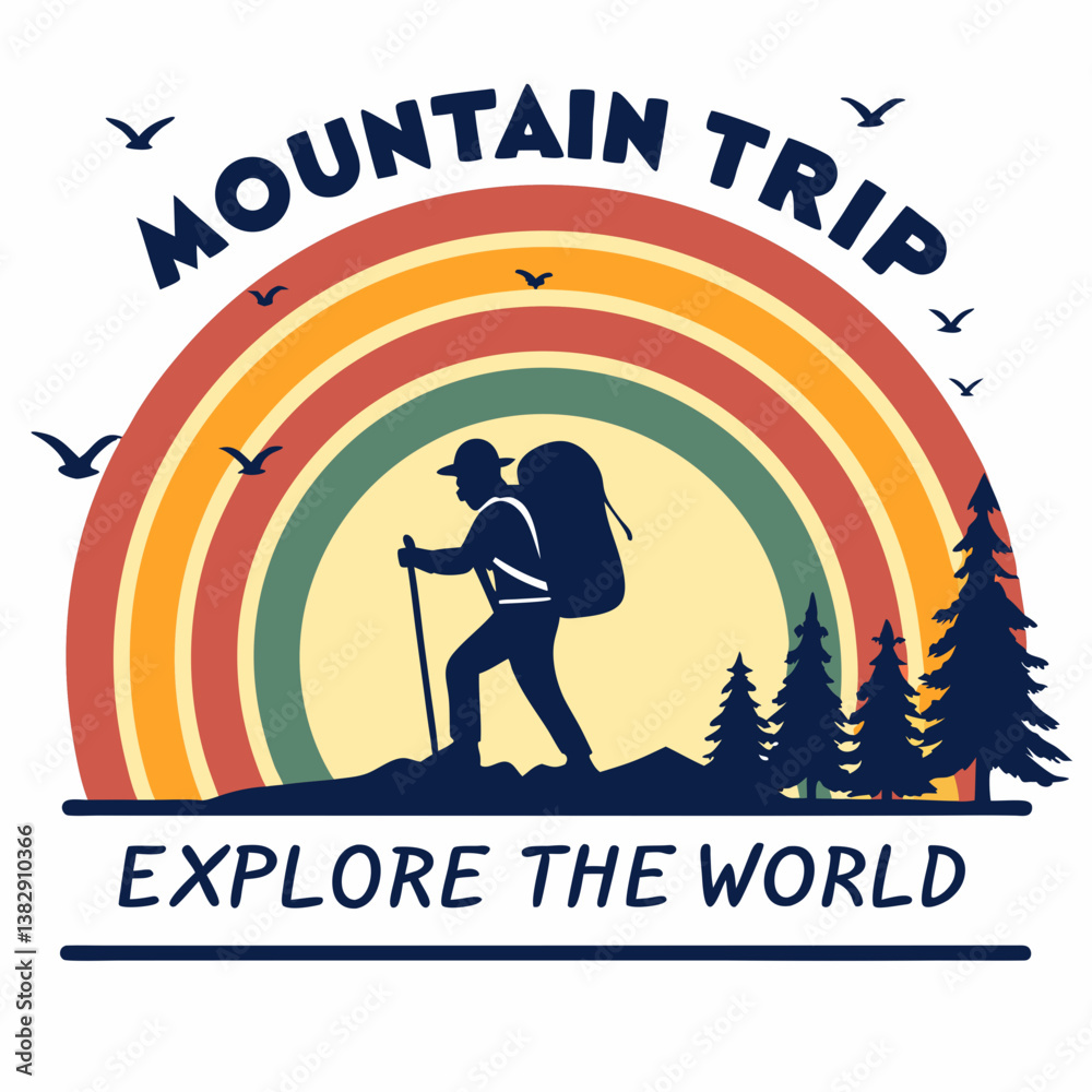 Obraz premium Retro Mountain Trip Illustration With Hiker And Colorful Rainbow Design