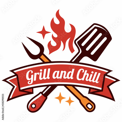 Grill And Chill Vector Illustration With Barbecue Fork And Spatula Design