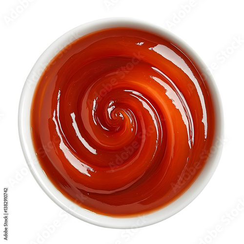 A top down view of a small white bowl filled with a swirl of glossy red ketchup on a black background
