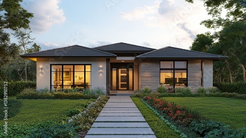 Minimalist suburban home with clean lines, hidden roof, and geometric landscaping at dawn. 