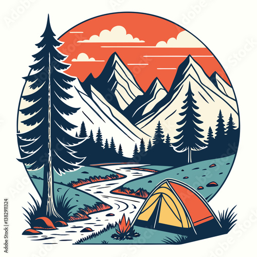 Camping Adventure Graphic Illustration With Mountains Trees Tent And River