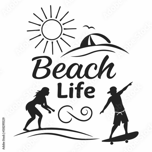 Black And White Beach Life Illustration With Surfers And Sun Design