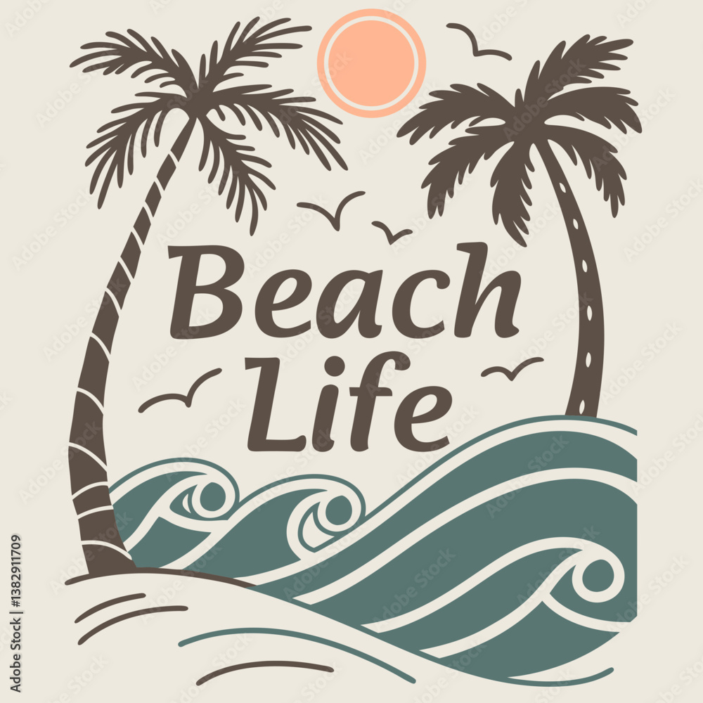 Naklejka premium Illustration Of Beach Life With Palm Trees Sun And Ocean Waves
