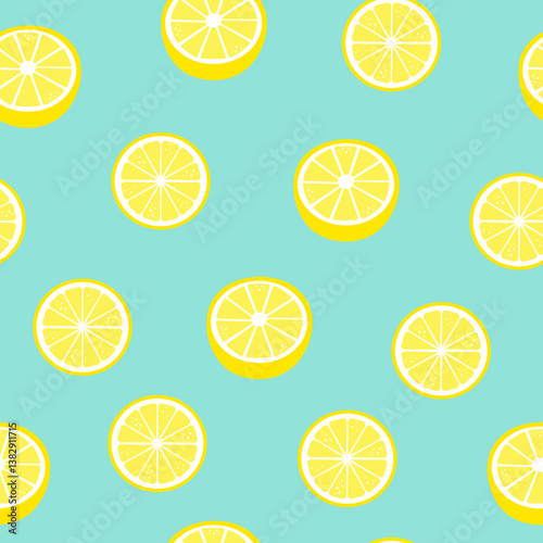 Seamless pattern with yellow lemons on a light blue background. Vector pattern of lemons. Summer seamless background with citrus fruits. Hand drawn illustration with lemons.