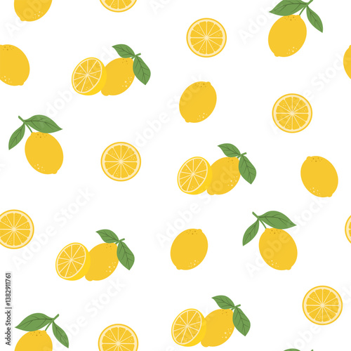 Seamless pattern with yellow lemons on a white background. Vector pattern of lemons. Summer seamless background with citrus fruits. Hand drawn illustration with lemons.