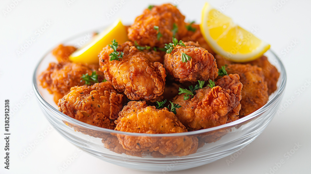 Crispy Fried Chicken Bites with Lemon Wedges in Glass Bowl on White Background Crispy Fried Chicken Bites with Lemon Wedges in Glass Bowl on White Background
