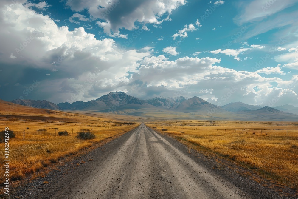 Scenic dirt road winding through golden fields and mountains under a dramatic sky Scenic dirt road winding through golden fields and mountains under a dramatic sky