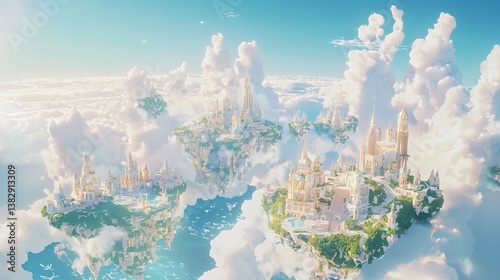 Floating islands city in cloudscape.