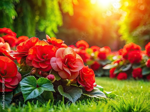 Vibrant red begonias bloom in a lush lawn, a captivating floral image showcasing nature's beauty.