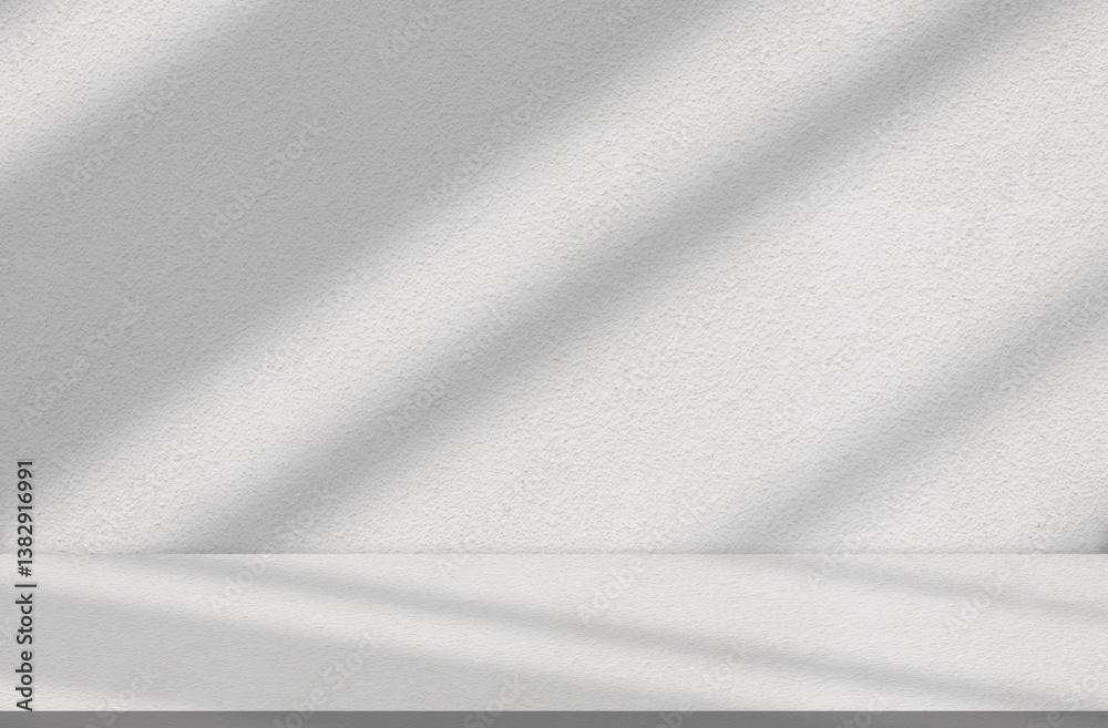 Fototapeta premium Background White Wall Studio.Kitchen Room with Light,Shadow on Desk,Empty Backdrop Grey Podium Display with for Cosmetic Product,Interior Room with Sunlight onConcrete Wall Surface and Floor Texture