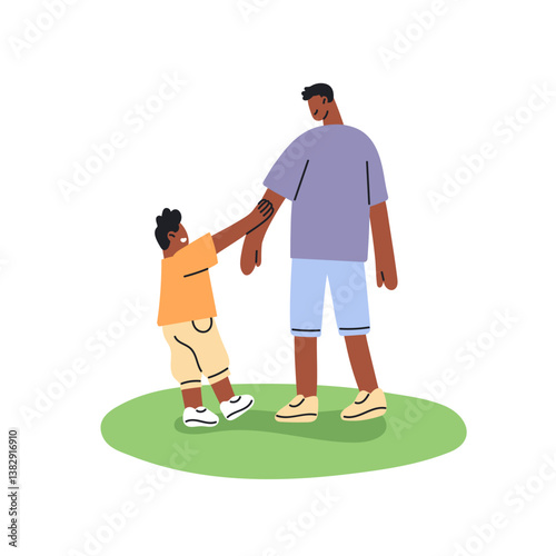 Father and kid walk, communicate outdoors. Dad and child hold hands, play in nature in summer. Happy African American family spends time together. Flat isolated vector illustration on white background