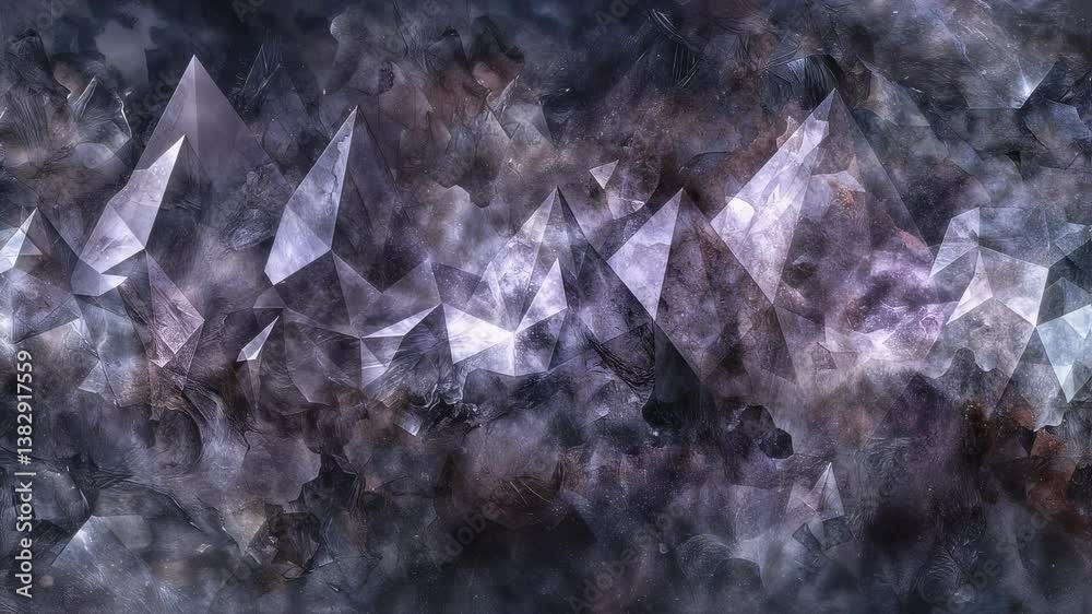 Geometric crystal formation smoky backdrop motion video. Abstract crystalline structure with cosmic clouds and glowing dust footage for presentations, visual effects.
