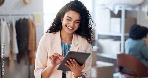 Obraz na płótnie Fashion, woman and ecommerce with tablet for inventory, business management and stock in workshop. Supply chain, female seller and happy with tech for logistics, online order or shipping confirmation w salonie
