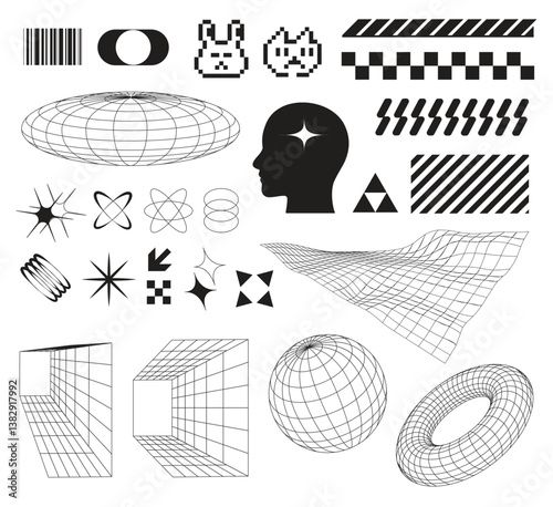 Trendy vector wireframe Y2K shapes set. Minimal abstract geometric elements for retro futuristic background, design template, poster, stickers, banner in Y2k style.
