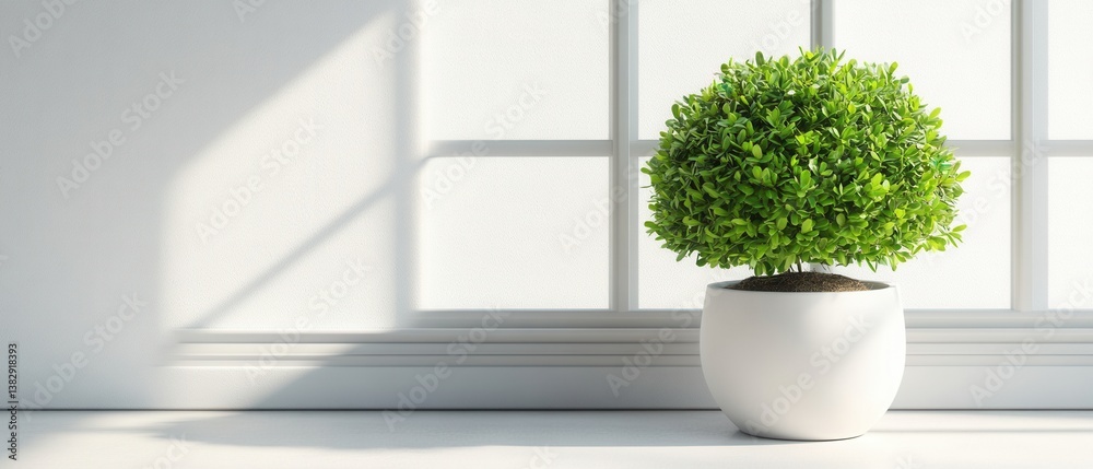 Fototapeta premium Serene indoor scene featuring a vibrant green topiary in a white pot against a bright window light evoking calm and natural freshness