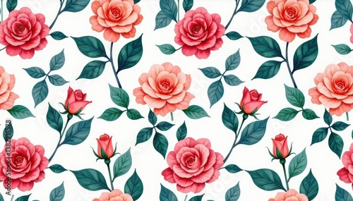 Delicate watercolor roses and leaves, repeating pattern, repeating floral, floral wallpaper