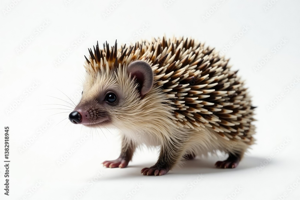 Naklejka premium Close-up view of a single hedgehog against a stark white backdrop , adorable, wildlife photography