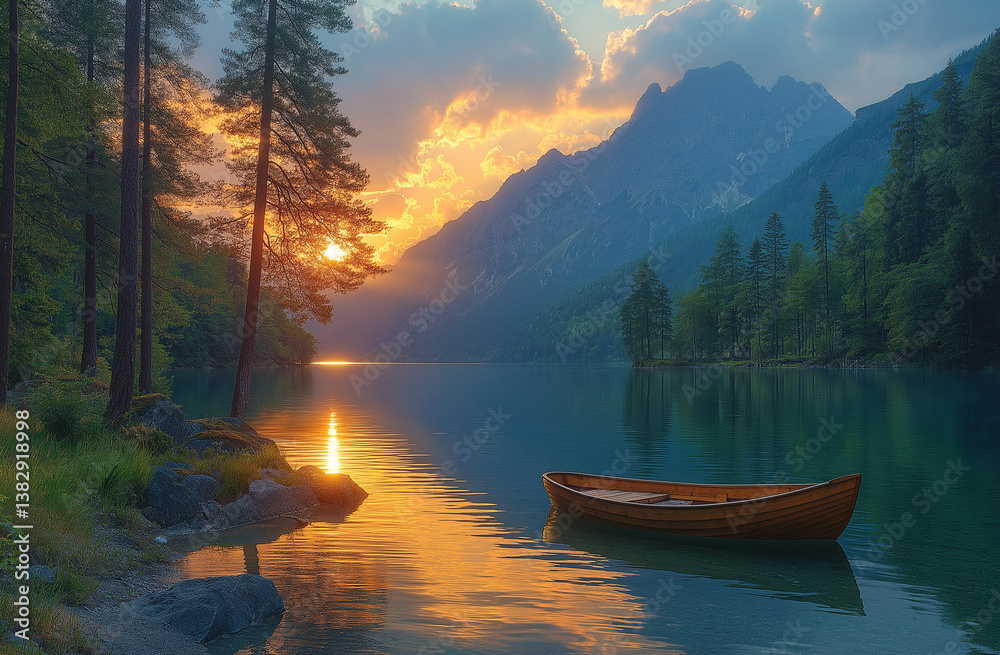 Obraz premium Idyllic Sunset Over Hintersee Lake with Reflective Tranquil Waters