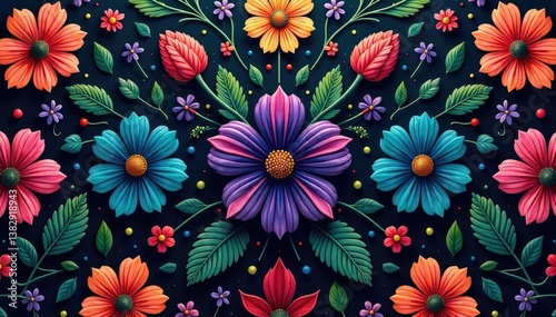 Intricate floral motif seamlessly repeats on dark background , detail, botanical