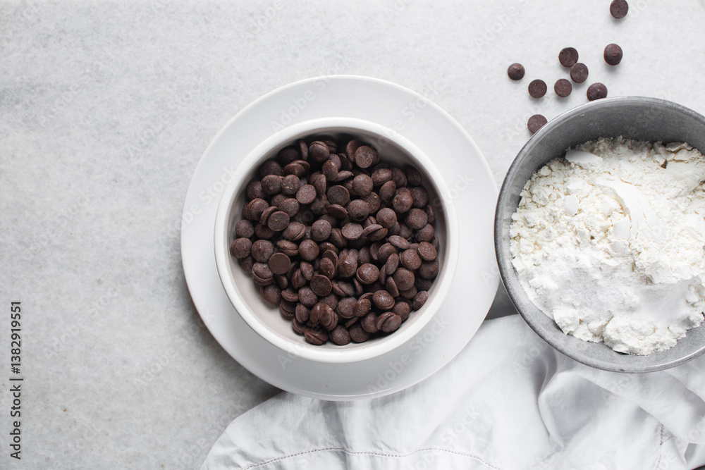 Overhead view of dark chocolate chips in a white bowl, top view of chocolate chips on a white background Overhead view of dark chocolate chips in a white bowl, top view of chocolate chips on a white background