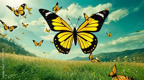 Vibrant scene of yellow and black butterflies fluttering over a lush green meadow under a clear blue sky