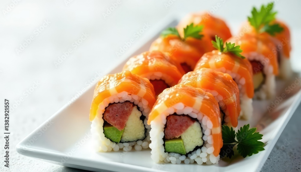 Fresh sushi platter, vibrant colors on pristine white , nigiri, seafood, restaurant Fresh sushi platter, vibrant colors on pristine white , nigiri, seafood, restaurant