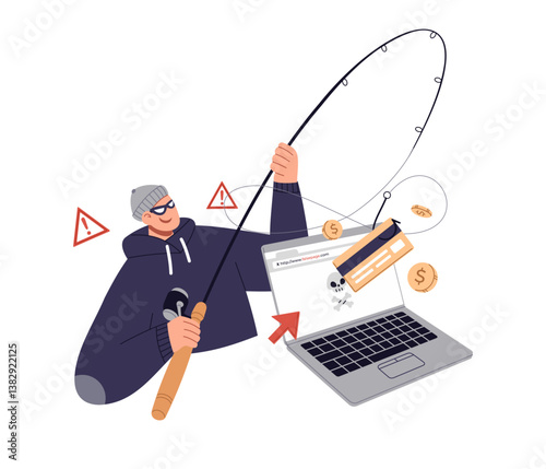 A hacker doing phishing and taking credit card online using laptop. Cybercrime illustration isolated on white background. Flat vector design