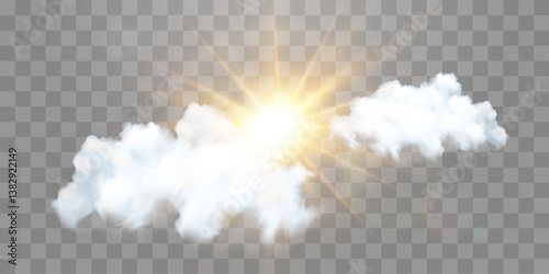 Vector realistic sunny-cloudy sky. Sunlight and cloud texture, nature sky. Vector weather element on png background. Glow light effect with cloud, smoke, fog. Isolated on transparent background.