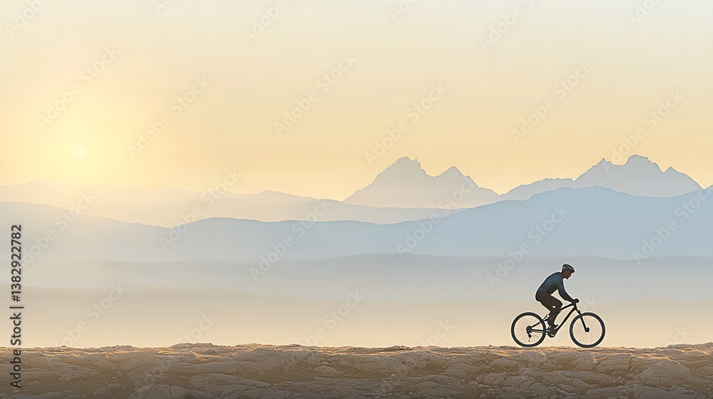 Fototapeta premium Person on a bike with a serene, mountain backdrop in the morning sun