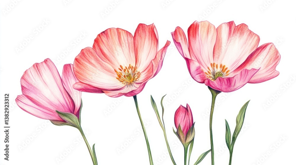 Naklejka premium Watercolor illustration of three pink cosmos flowers