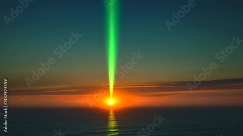 Vibrant sunset over the ocean with a green beam of light piercing the horizon, serene atmosphere