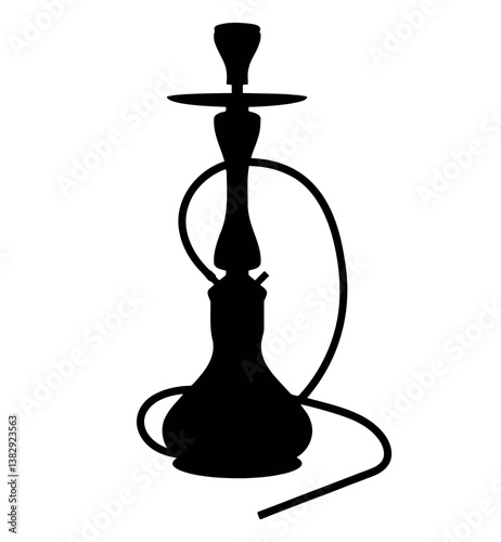 Minimalistic Black and White Hookah Silhouette. A simple yet elegant black silhouette of a hookah with a hose, symbolizing relaxation and social gatherings.