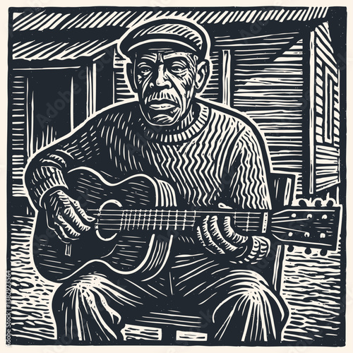 Vector illustration of an elderly man wearing a cap and sweater, playing an acoustic guitar. Bold woodcut or linocut print style portrait graphic.