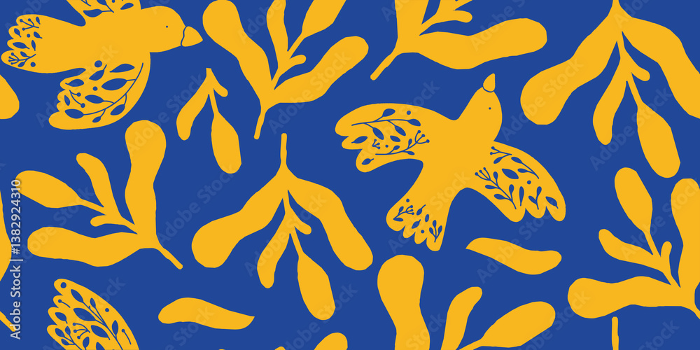 Naklejka premium Yellow Birds and Floral Leaves Pattern on Blue Background