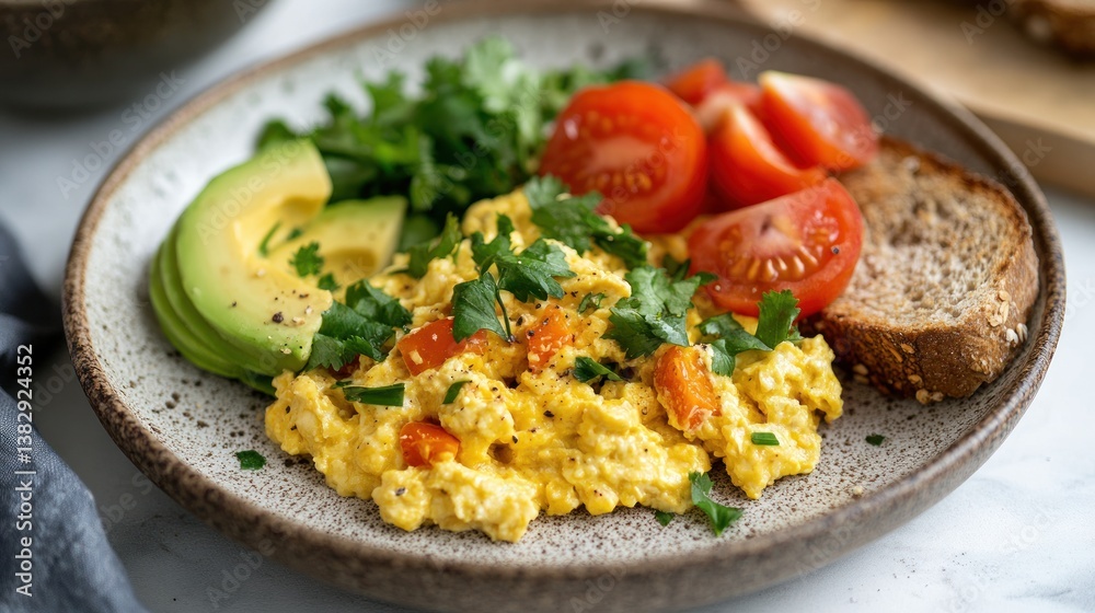 Healthy Scrambled Egg Breakfast Plate with Avocado and Toast Close-up Healthy Scrambled Egg Breakfast Plate with Avocado and Toast Close-up