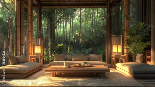 This image of bamboo furniture in a Japanese-inspired interior design captures the essence of minimalist eco-friendly decor.  AI generative